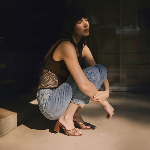 Women's Brown Mesh Slide Sandals Square Open Toe Mules Chunky Heels Slip On - Picture 2 of 6